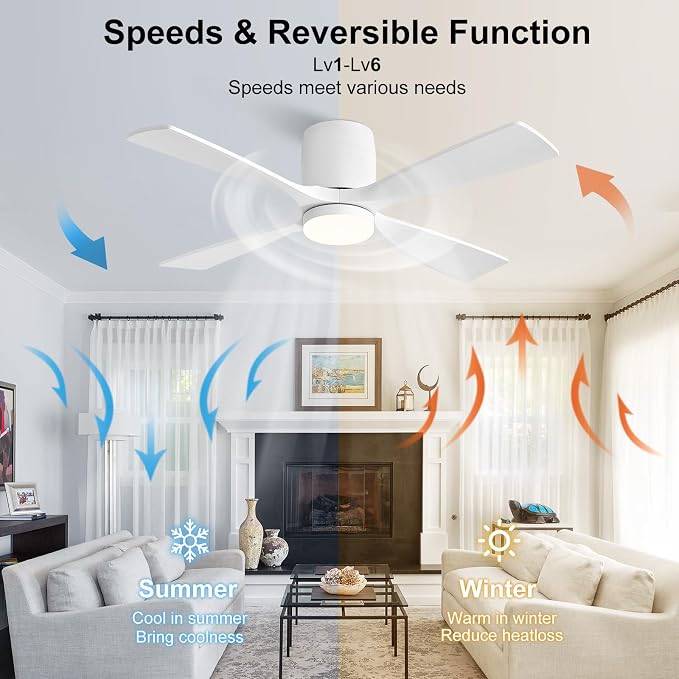 48 inch Flush Mount Ceiling Fan with Lights,Modern Ceiling Fan with Remote,Hugger Ceiling Fans, 4 Wood Blades, Quiet 6-Speed