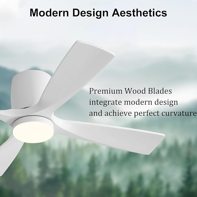 48 inch Flush Mount Ceiling Fan with Lights,Modern Ceiling Fan with Remote,Hugger Ceiling Fans, 4 Wood Blades, Quiet 6-Speed