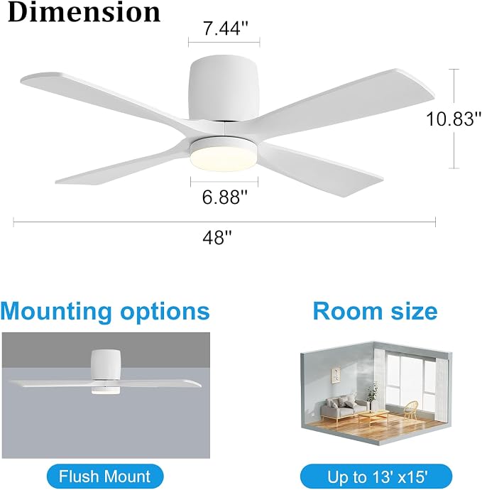48 inch Flush Mount Ceiling Fan with Lights,Modern Ceiling Fan with Remote,Hugger Ceiling Fans, 4 Wood Blades, Quiet 6-Speed