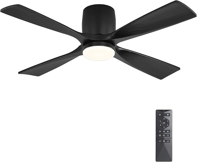 48 inch Flush Mount Ceiling Fan with Lights,Modern Ceiling Fan with Remote,Hugger Ceiling Fans, 4 Wood Blades, Quiet 6-Speed