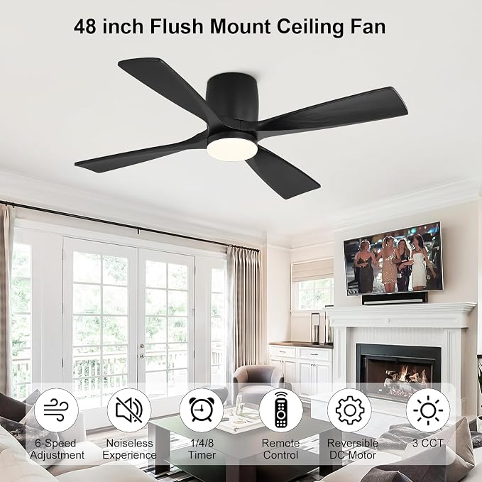 48 inch Flush Mount Ceiling Fan with Lights,Modern Ceiling Fan with Remote,Hugger Ceiling Fans, 4 Wood Blades, Quiet 6-Speed