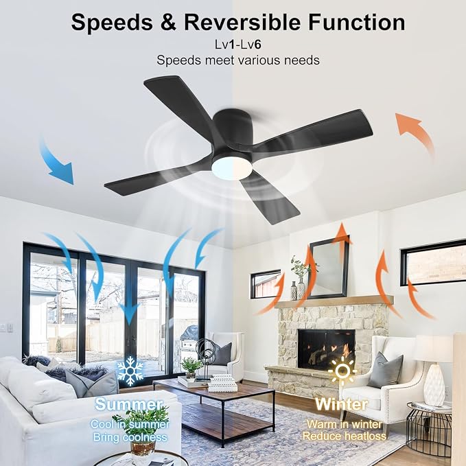 48 inch Flush Mount Ceiling Fan with Lights,Modern Ceiling Fan with Remote,Hugger Ceiling Fans, 4 Wood Blades, Quiet 6-Speed
