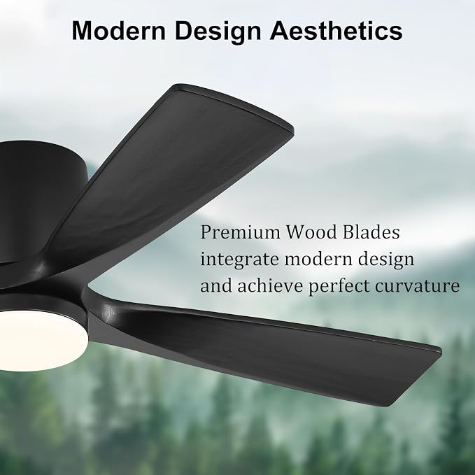48 inch Flush Mount Ceiling Fan with Lights,Modern Ceiling Fan with Remote,Hugger Ceiling Fans, 4 Wood Blades, Quiet 6-Speed
