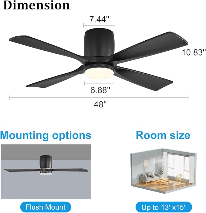48 inch Flush Mount Ceiling Fan with Lights,Modern Ceiling Fan with Remote,Hugger Ceiling Fans, 4 Wood Blades, Quiet 6-Speed
