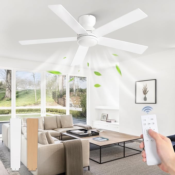48 Inch Flush Mount Ceiling Fan without lights, White Ceiling Fan with Remote, 6-Speeds, Quiet Reversible DC Motor