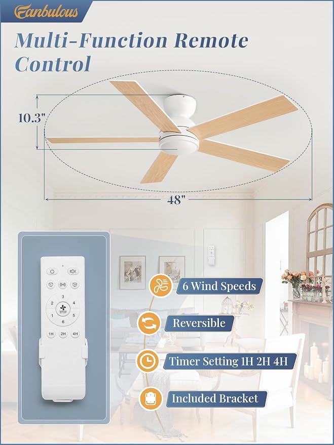 48 Inch Flush Mount Ceiling Fan without lights, White Ceiling Fan with Remote, 6-Speeds, Quiet Reversible DC Motor