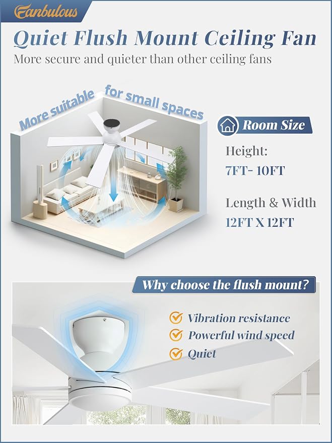 48 Inch Flush Mount Ceiling Fan without lights, White Ceiling Fan with Remote, 6-Speeds, Quiet Reversible DC Motor