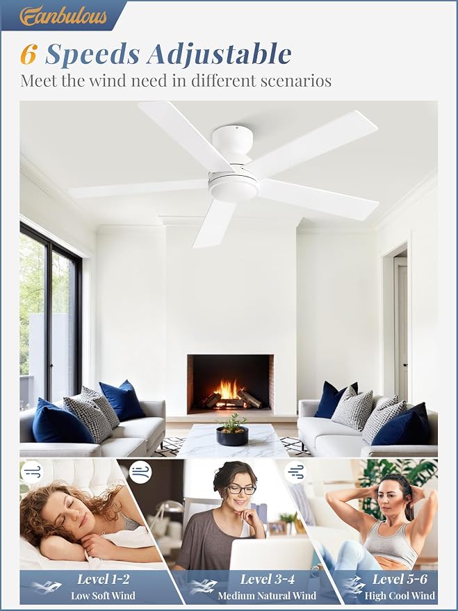 48 Inch Flush Mount Ceiling Fan without lights, White Ceiling Fan with Remote, 6-Speeds, Quiet Reversible DC Motor