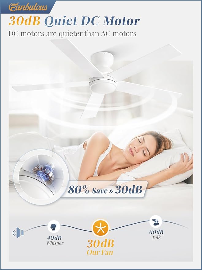 48 Inch Flush Mount Ceiling Fan without lights, White Ceiling Fan with Remote, 6-Speeds, Quiet Reversible DC Motor