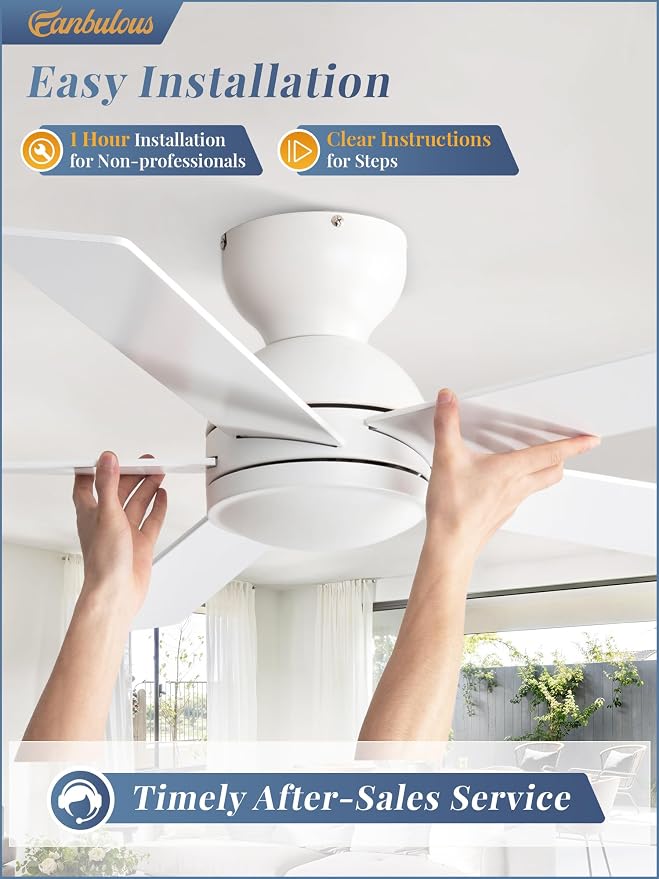 48 Inch Flush Mount Ceiling Fan without lights, White Ceiling Fan with Remote, 6-Speeds, Quiet Reversible DC Motor