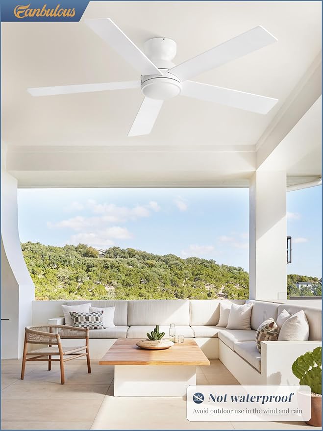 48 Inch Flush Mount Ceiling Fan without lights, White Ceiling Fan with Remote, 6-Speeds, Quiet Reversible DC Motor