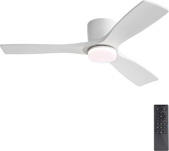 48 Inch Flush Mount DC Ceiling Fan, 3CCT Dimmable Light, 3 Carved Wood Blades, 6-Speed Noiseless Reversible DC Motor, Hugger