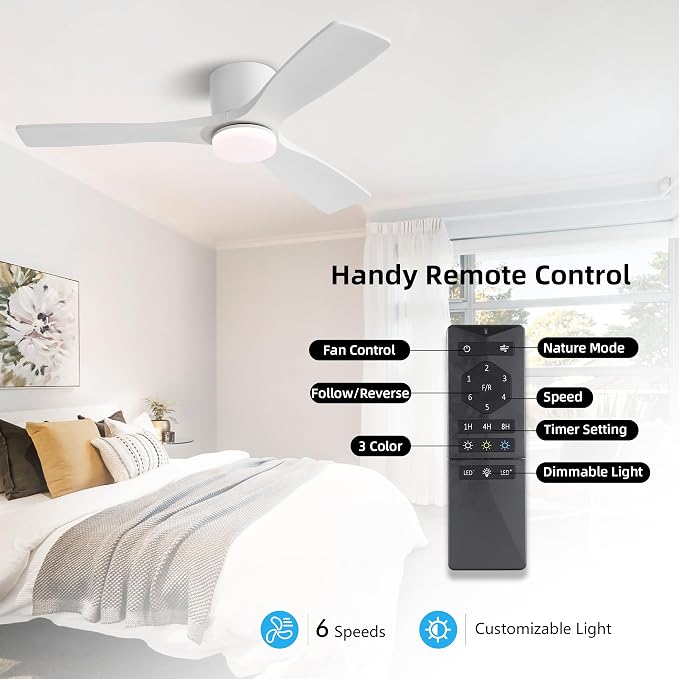 48 Inch Flush Mount DC Ceiling Fan, 3CCT Dimmable Light, 3 Carved Wood Blades, 6-Speed Noiseless Reversible DC Motor, Hugger