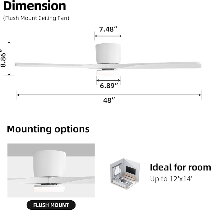 48 Inch Flush Mount DC Ceiling Fan, 3CCT Dimmable Light, 3 Carved Wood Blades, 6-Speed Noiseless Reversible DC Motor, Hugger