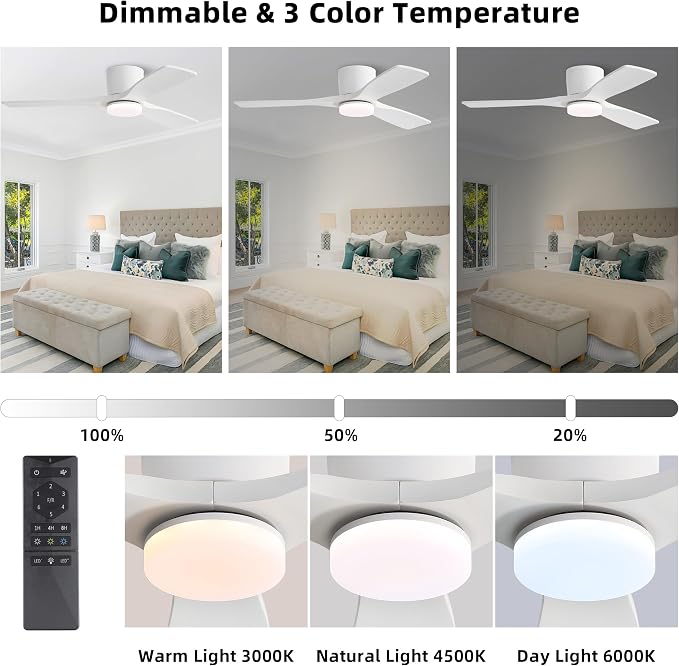48 Inch Flush Mount DC Ceiling Fan, 3CCT Dimmable Light, 3 Carved Wood Blades, 6-Speed Noiseless Reversible DC Motor, Hugger