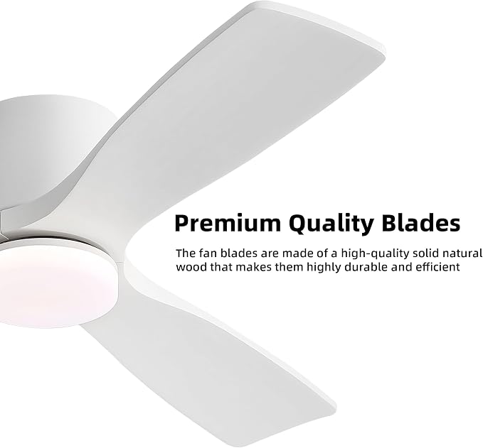 48 Inch Flush Mount DC Ceiling Fan, 3CCT Dimmable Light, 3 Carved Wood Blades, 6-Speed Noiseless Reversible DC Motor, Hugger