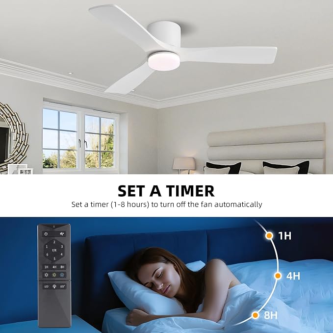48 Inch Flush Mount DC Ceiling Fan, 3CCT Dimmable Light, 3 Carved Wood Blades, 6-Speed Noiseless Reversible DC Motor, Hugger