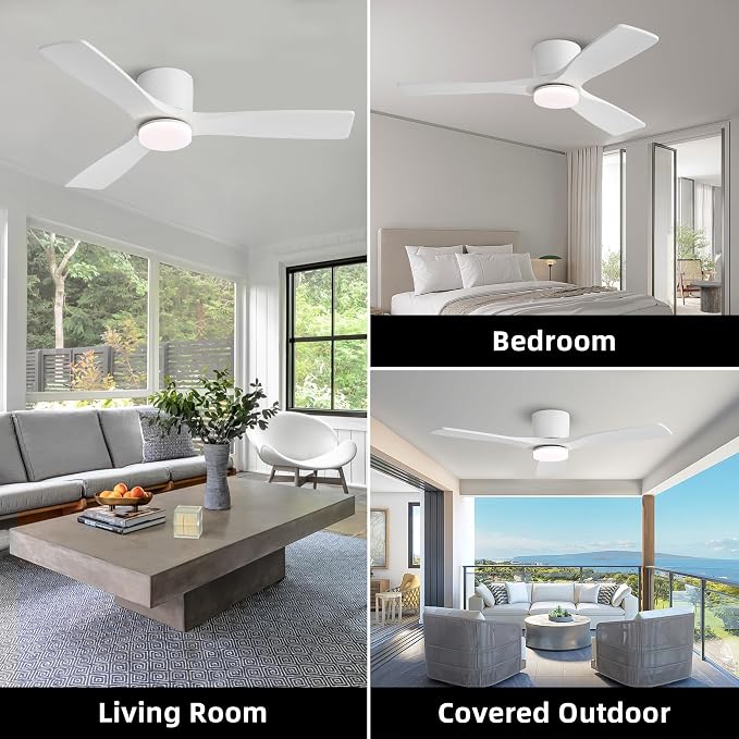 48 Inch Flush Mount DC Ceiling Fan, 3CCT Dimmable Light, 3 Carved Wood Blades, 6-Speed Noiseless Reversible DC Motor, Hugger