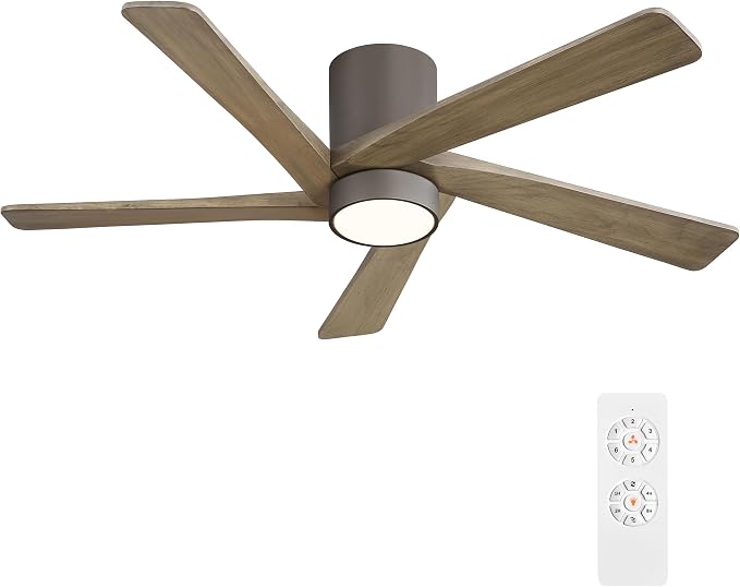 48 Inch Flush Mount DC Ceiling Fan with Lights and Remote, 5 Reversible Carved Wood Blades, 6-Speed Noiseless DC Motor