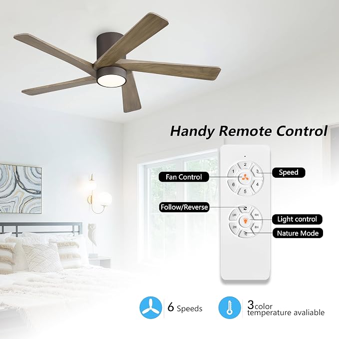 48 Inch Flush Mount DC Ceiling Fan with Lights and Remote, 5 Reversible Carved Wood Blades, 6-Speed Noiseless DC Motor