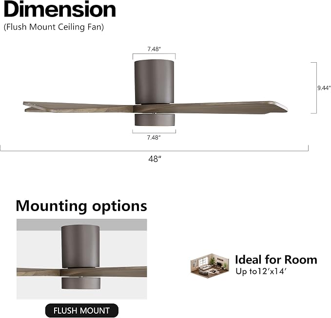 48 Inch Flush Mount DC Ceiling Fan with Lights and Remote, 5 Reversible Carved Wood Blades, 6-Speed Noiseless DC Motor