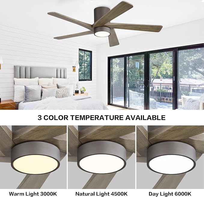 48 Inch Flush Mount DC Ceiling Fan with Lights and Remote, 5 Reversible Carved Wood Blades, 6-Speed Noiseless DC Motor