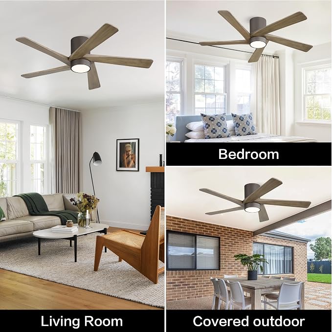 48 Inch Flush Mount DC Ceiling Fan with Lights and Remote, 5 Reversible Carved Wood Blades, 6-Speed Noiseless DC Motor