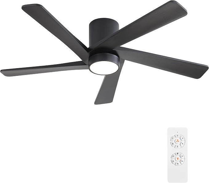48 Inch Flush Mount DC Ceiling Fan with Lights and Remote, 5 Reversible Carved Wood Blades, 6-Speed Noiseless DC Motor