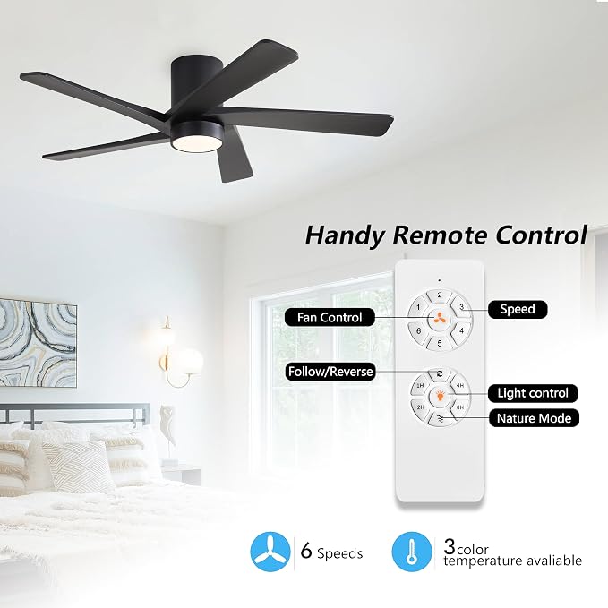 48 Inch Flush Mount DC Ceiling Fan with Lights and Remote, 5 Reversible Carved Wood Blades, 6-Speed Noiseless DC Motor