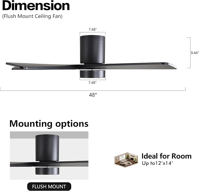 48 Inch Flush Mount DC Ceiling Fan with Lights and Remote, 5 Reversible Carved Wood Blades, 6-Speed Noiseless DC Motor