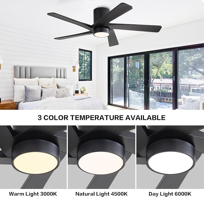 48 Inch Flush Mount DC Ceiling Fan with Lights and Remote, 5 Reversible Carved Wood Blades, 6-Speed Noiseless DC Motor