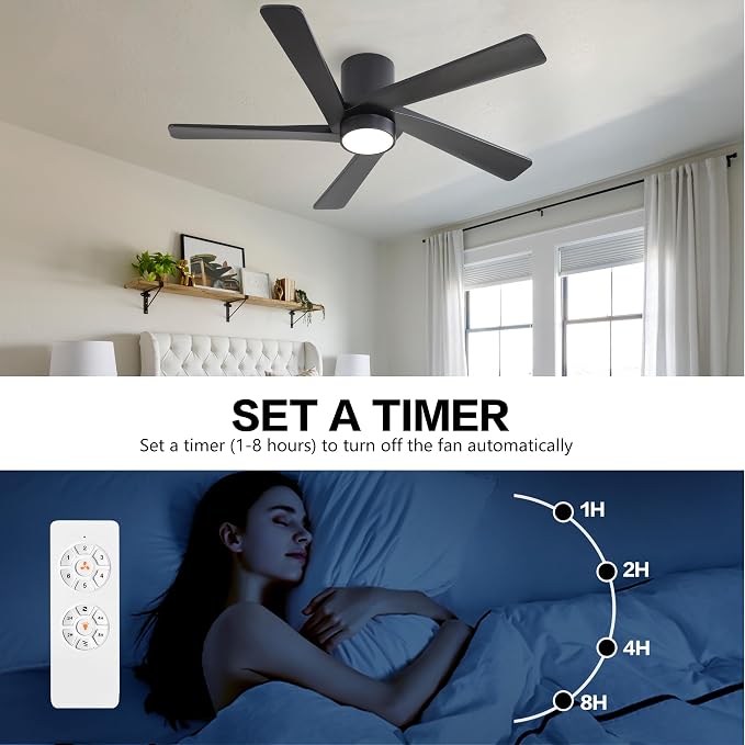 48 Inch Flush Mount DC Ceiling Fan with Lights and Remote, 5 Reversible Carved Wood Blades, 6-Speed Noiseless DC Motor