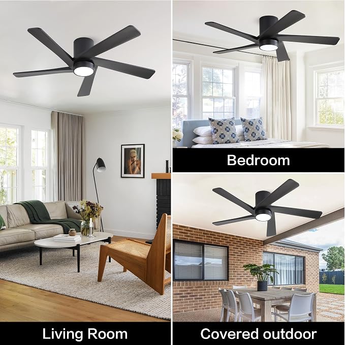 48 Inch Flush Mount DC Ceiling Fan with Lights and Remote, 5 Reversible Carved Wood Blades, 6-Speed Noiseless DC Motor