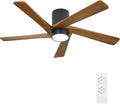 48 Inch Flush Mount DC Ceiling Fan with Lights and Remote, 5 Reversible Carved Wood Blades, 6-Speed Noiseless DC Motor