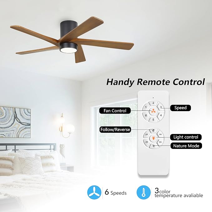 48 Inch Flush Mount DC Ceiling Fan with Lights and Remote, 5 Reversible Carved Wood Blades, 6-Speed Noiseless DC Motor