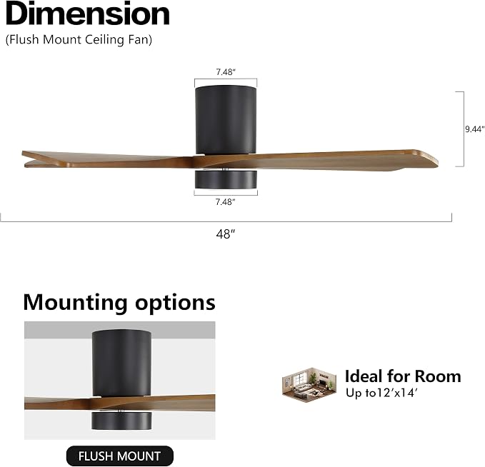 48 Inch Flush Mount DC Ceiling Fan with Lights and Remote, 5 Reversible Carved Wood Blades, 6-Speed Noiseless DC Motor