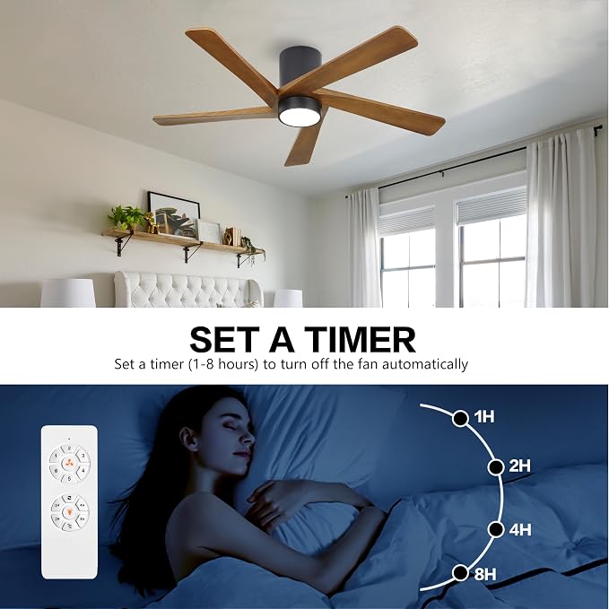 48 Inch Flush Mount DC Ceiling Fan with Lights and Remote, 5 Reversible Carved Wood Blades, 6-Speed Noiseless DC Motor