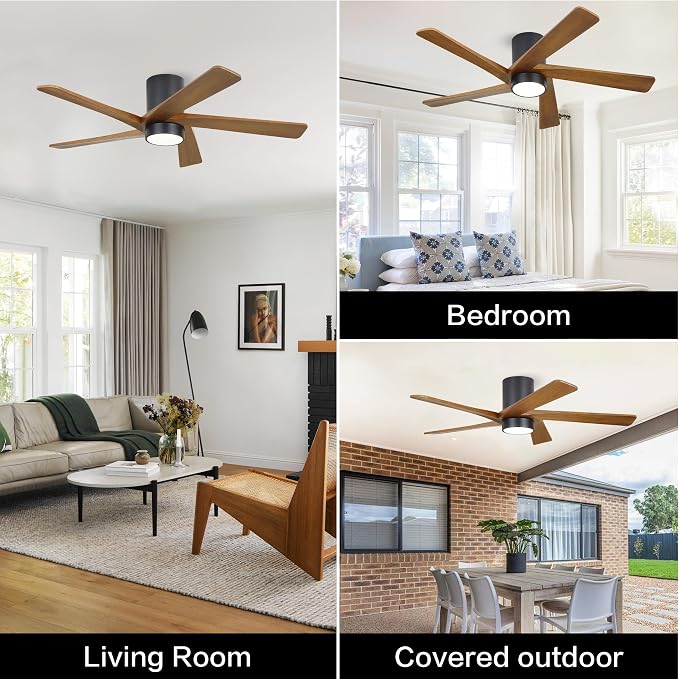 48 Inch Flush Mount DC Ceiling Fan with Lights and Remote, 5 Reversible Carved Wood Blades, 6-Speed Noiseless DC Motor