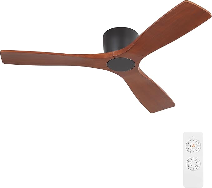 48 Inch Flush Mount DC Ceiling Fan without Lights, 3 Carved Wood Blades, 6-Speed Noiseless Reversible DC Motor, Hugger