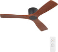 48 Inch Flush Mount DC Ceiling Fan without Lights, 3 Carved Wood Blades, 6-Speed Noiseless Reversible DC Motor, Hugger