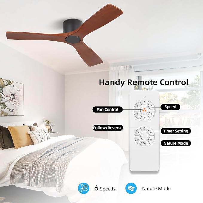 48 Inch Flush Mount DC Ceiling Fan without Lights, 3 Carved Wood Blades, 6-Speed Noiseless Reversible DC Motor, Hugger