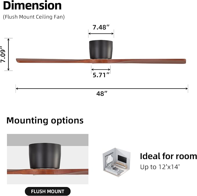 48 Inch Flush Mount DC Ceiling Fan without Lights, 3 Carved Wood Blades, 6-Speed Noiseless Reversible DC Motor, Hugger