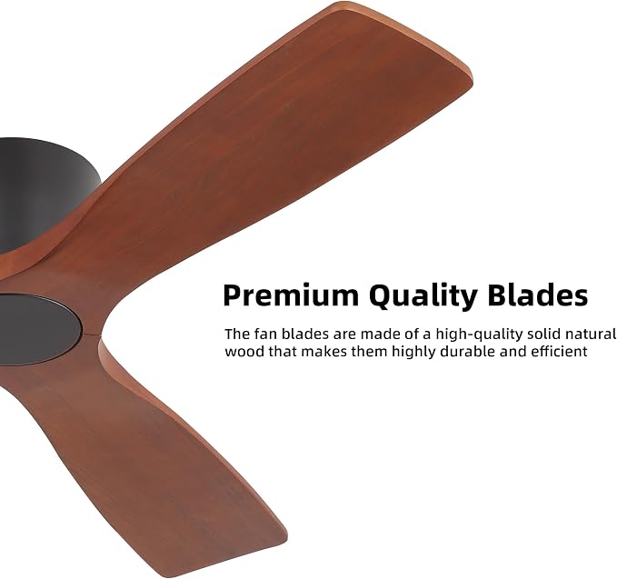 48 Inch Flush Mount DC Ceiling Fan without Lights, 3 Carved Wood Blades, 6-Speed Noiseless Reversible DC Motor, Hugger