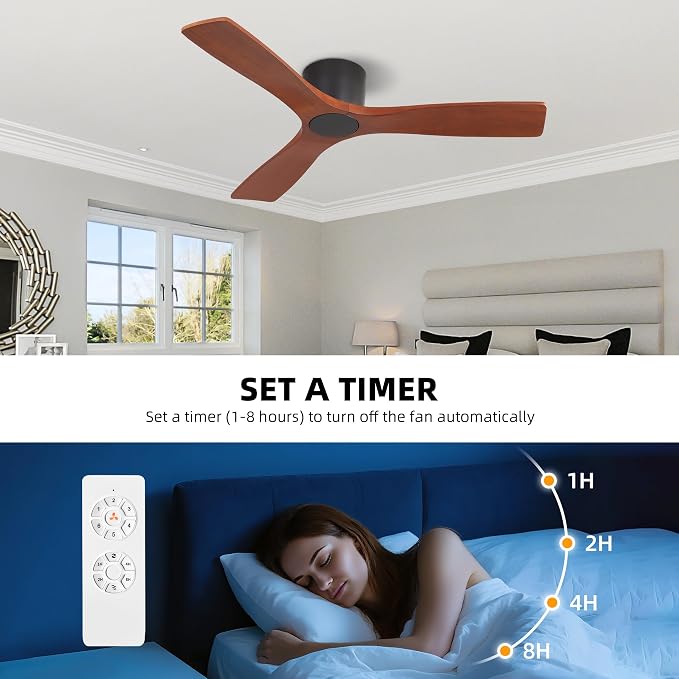 48 Inch Flush Mount DC Ceiling Fan without Lights, 3 Carved Wood Blades, 6-Speed Noiseless Reversible DC Motor, Hugger