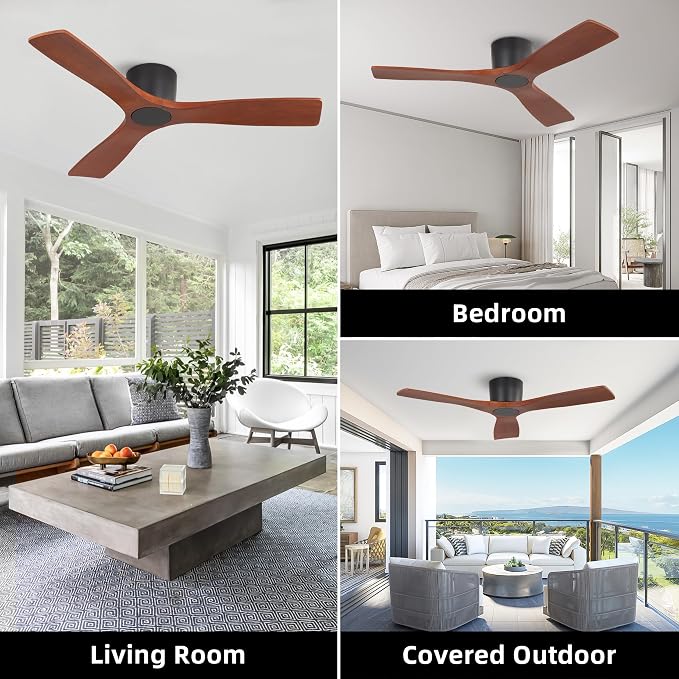48 Inch Flush Mount DC Ceiling Fan without Lights, 3 Carved Wood Blades, 6-Speed Noiseless Reversible DC Motor, Hugger