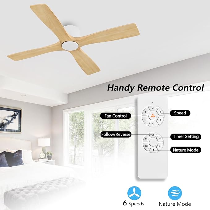 48 Inch Flush Mount DC Ceiling Fan without Lights, 4 Reversible Carved Wood Blades, 6-Speed Noiseless DC Motor, alternate
