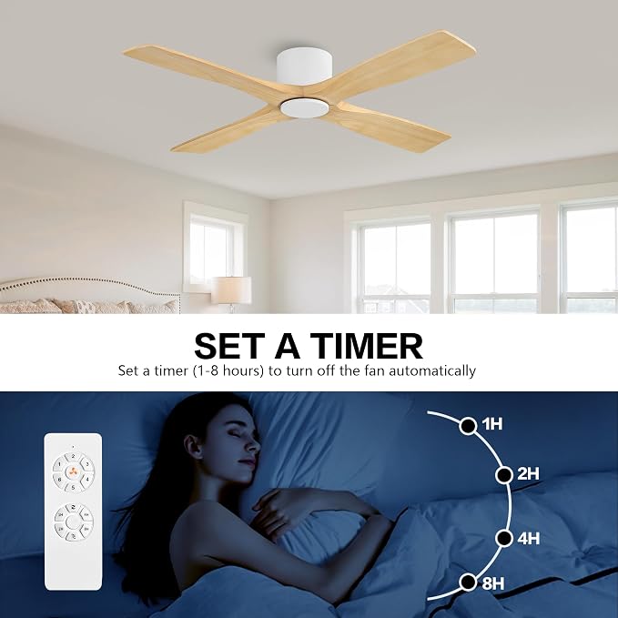 48 Inch Flush Mount DC Ceiling Fan without Lights, 4 Reversible Carved Wood Blades, 6-Speed Noiseless DC Motor, alternate