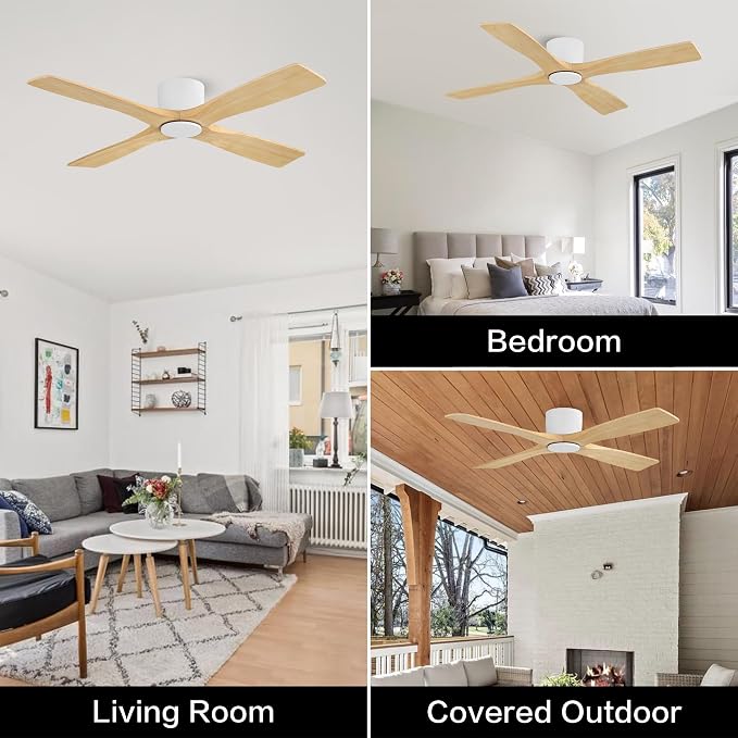 48 Inch Flush Mount DC Ceiling Fan without Lights, 4 Reversible Carved Wood Blades, 6-Speed Noiseless DC Motor, alternate