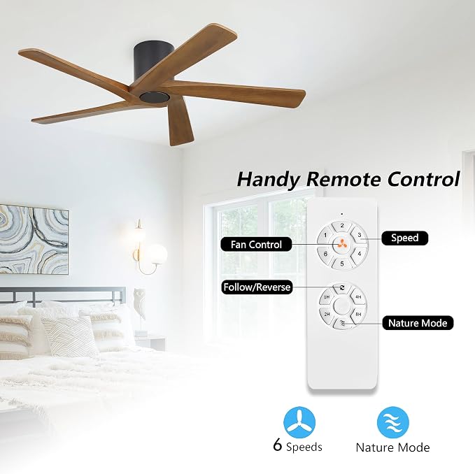 48 Inch Flush Mount DC Ceiling Fan without Lights, 5 Reversible Carved Wood Blades, 6-Speed Noiseless DC Motor, alternate