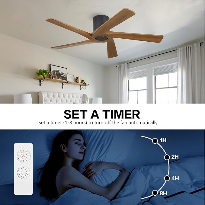 48 Inch Flush Mount DC Ceiling Fan without Lights, 5 Reversible Carved Wood Blades, 6-Speed Noiseless DC Motor, alternate
